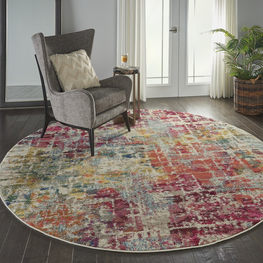8' X 8' Pink Round Abstract Power Loom Distressed Non Skid Area Rug