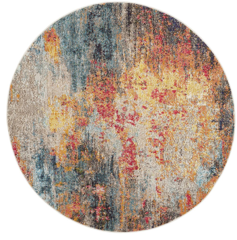 4' Blue And Orange Abstract Round Rug