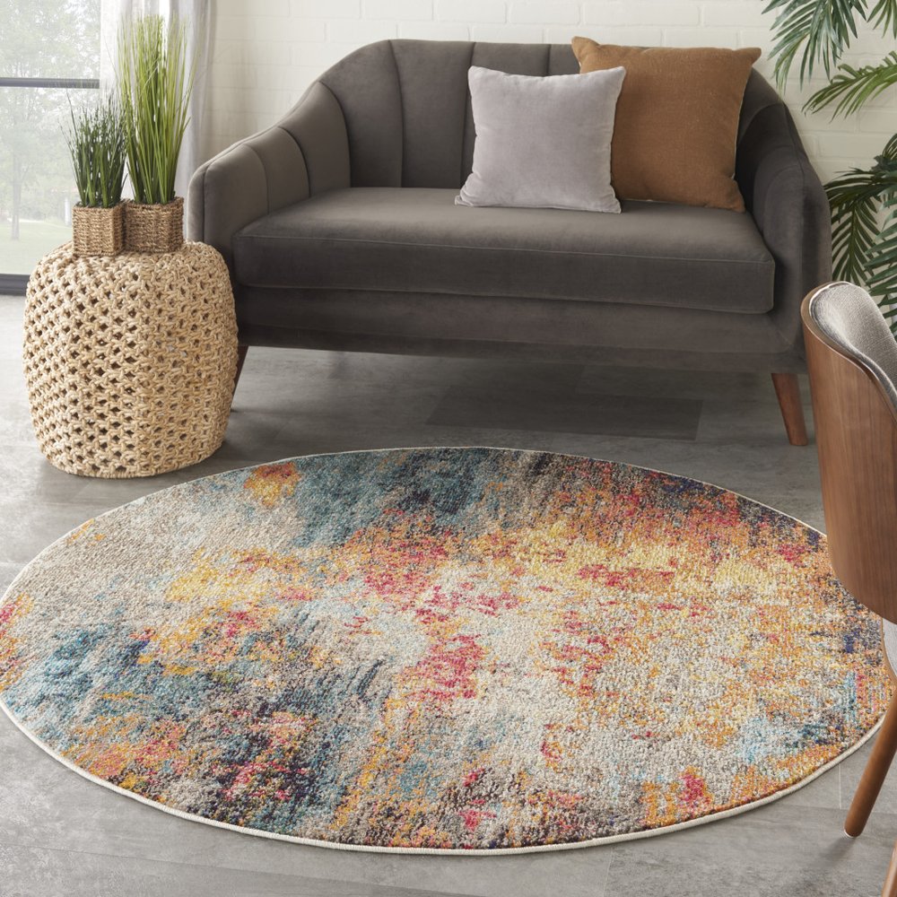 4' Blue And Orange Abstract Round Rug