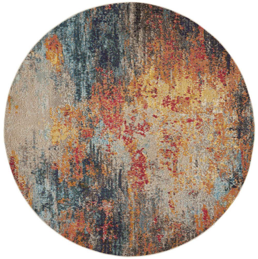8' Blue And Orange Abstract Round Rug