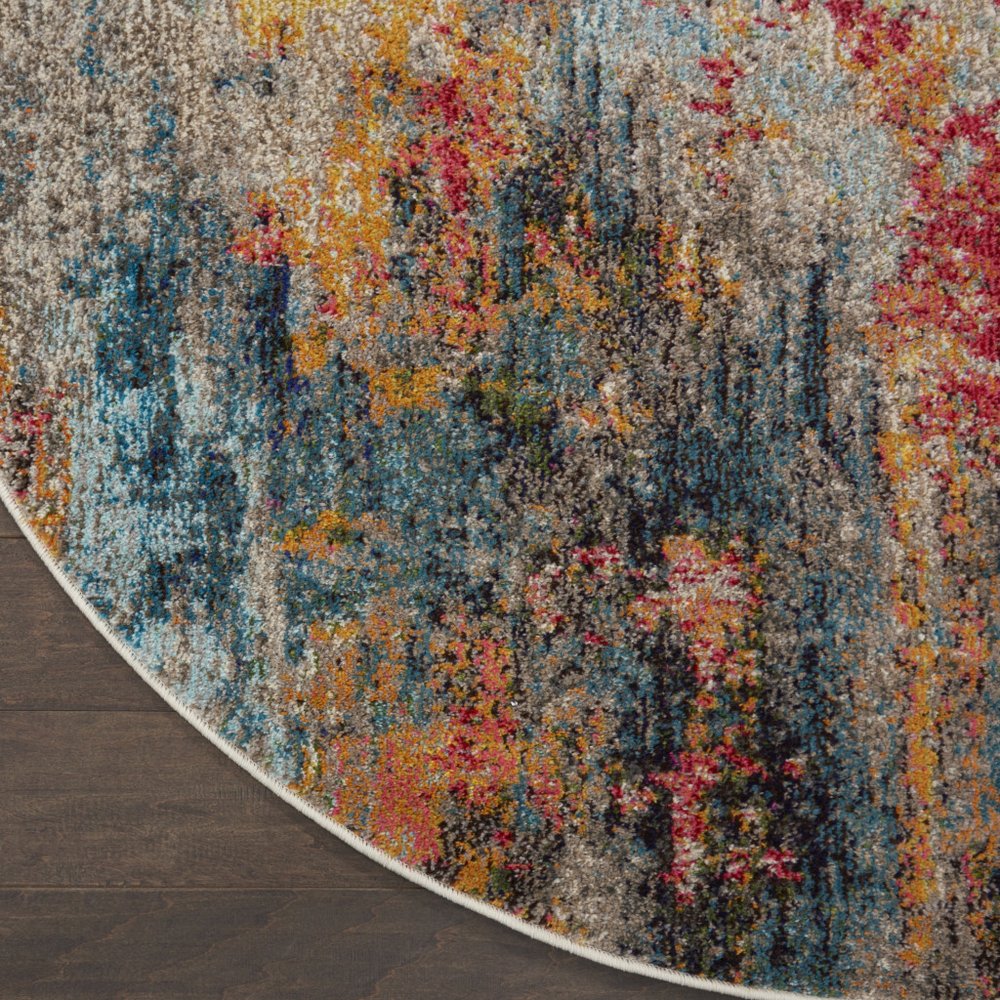 8' Blue And Orange Abstract Round Rug
