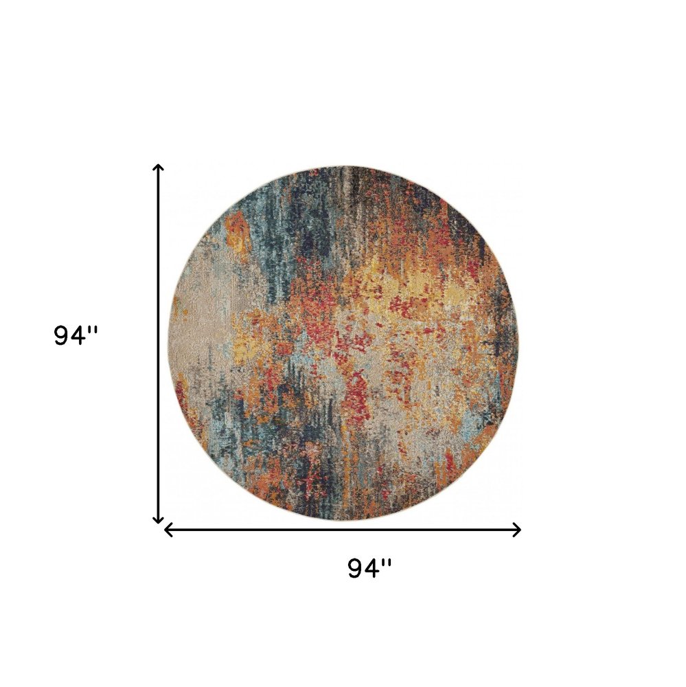 8' Blue And Orange Abstract Round Rug