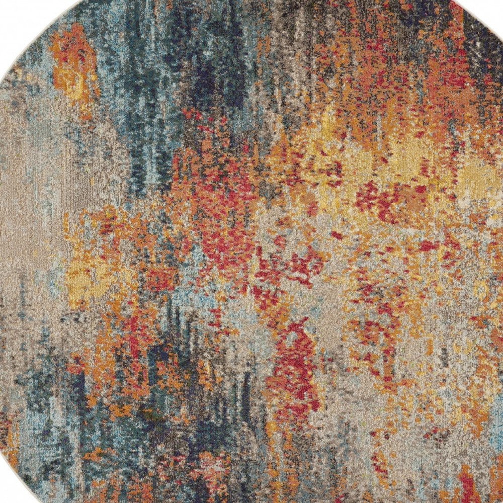8' Blue And Orange Abstract Round Rug