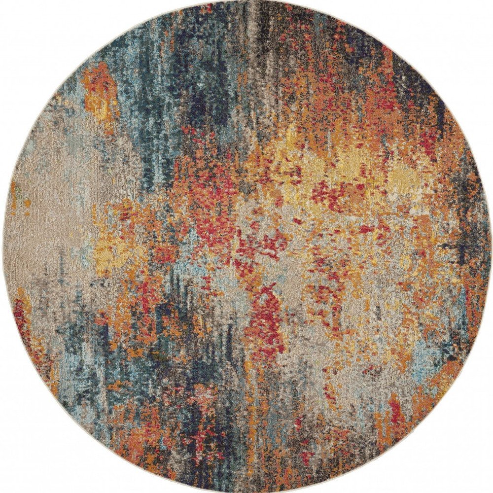 8' Blue And Orange Abstract Round Rug