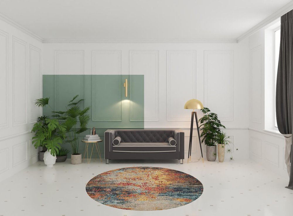 8' Blue And Orange Abstract Round Rug