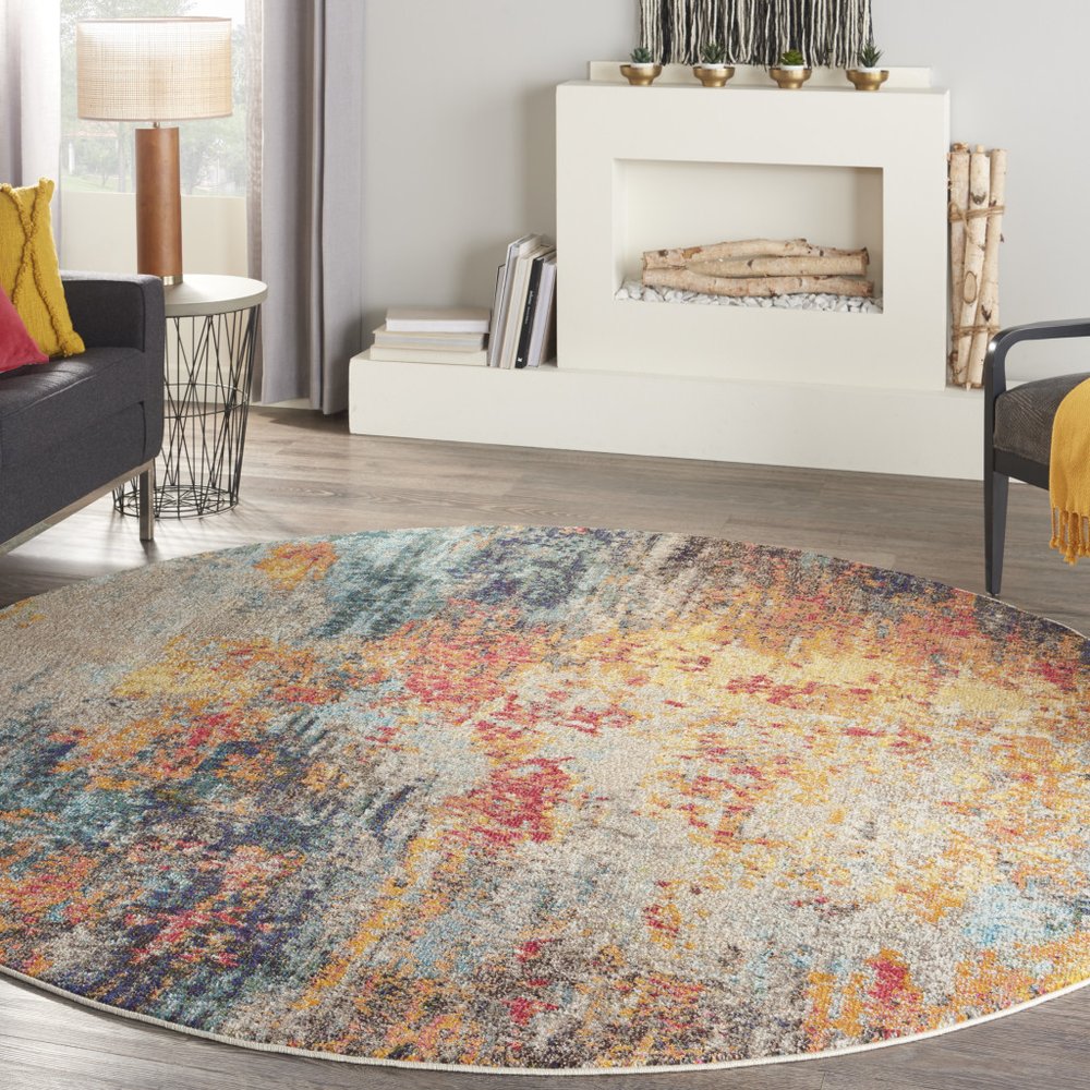 8' Blue And Orange Abstract Round Rug