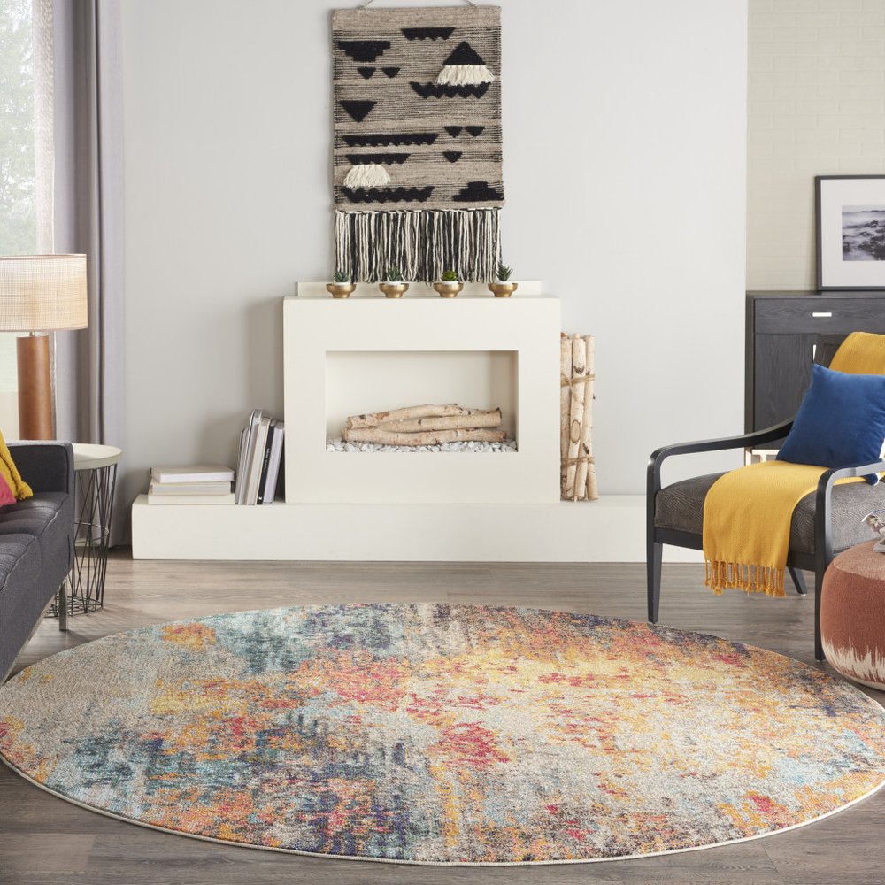 8' Blue And Orange Abstract Round Rug