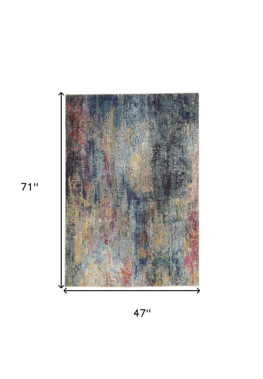 4' X 6' Blue And Ivory Abstract Distressed Area Rug