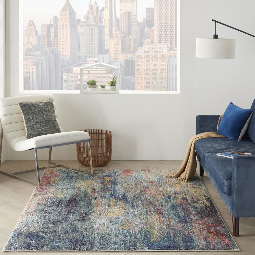 4' X 6' Blue And Ivory Abstract Distressed Area Rug