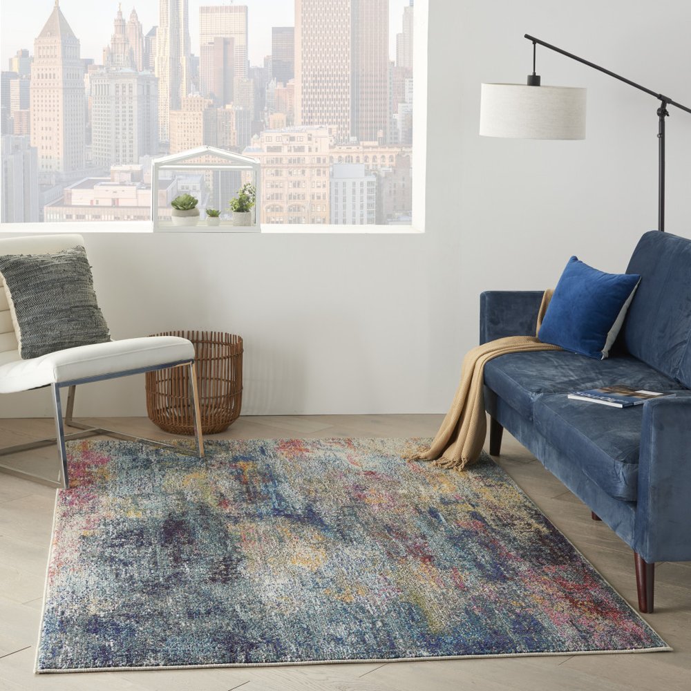 4' X 6' Blue And Ivory Abstract Distressed Area Rug