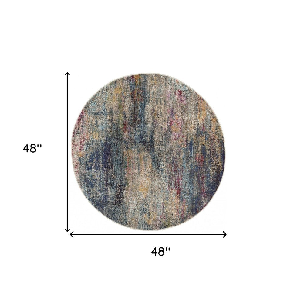 4' Blue And Ivory Abstract Round Rug