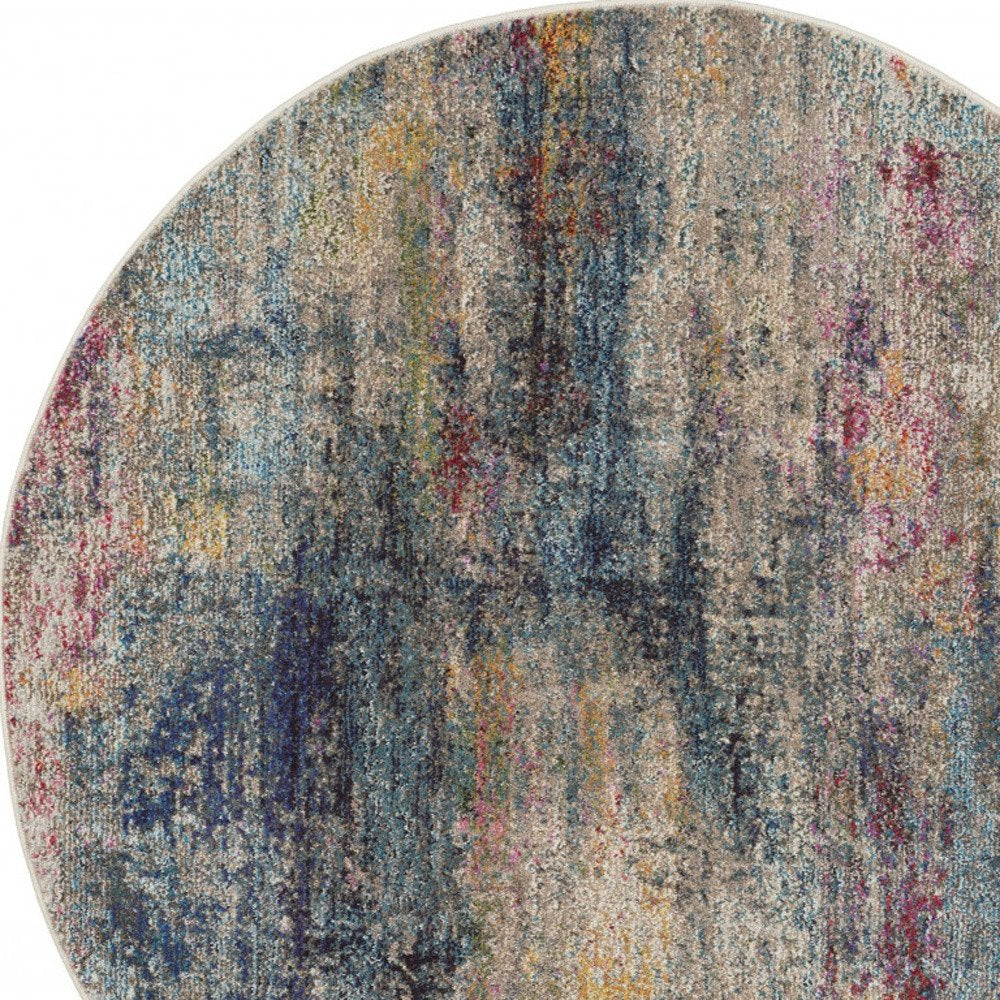 4' Blue And Ivory Abstract Round Rug