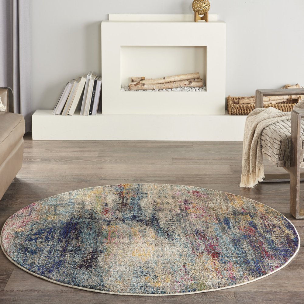 4' Blue And Ivory Abstract Round Rug