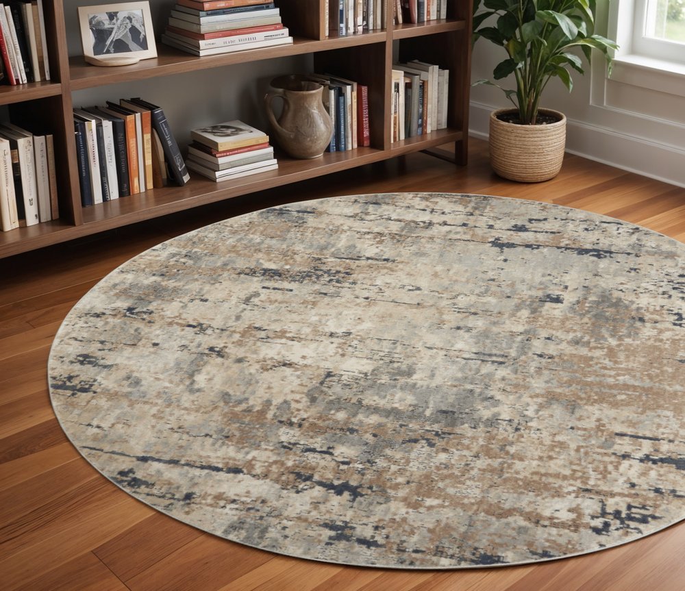 8' Beige And Ivory Abstract Distressed Round Rug
