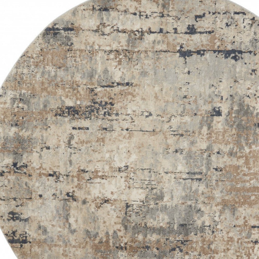 8' Beige And Ivory Abstract Distressed Round Rug