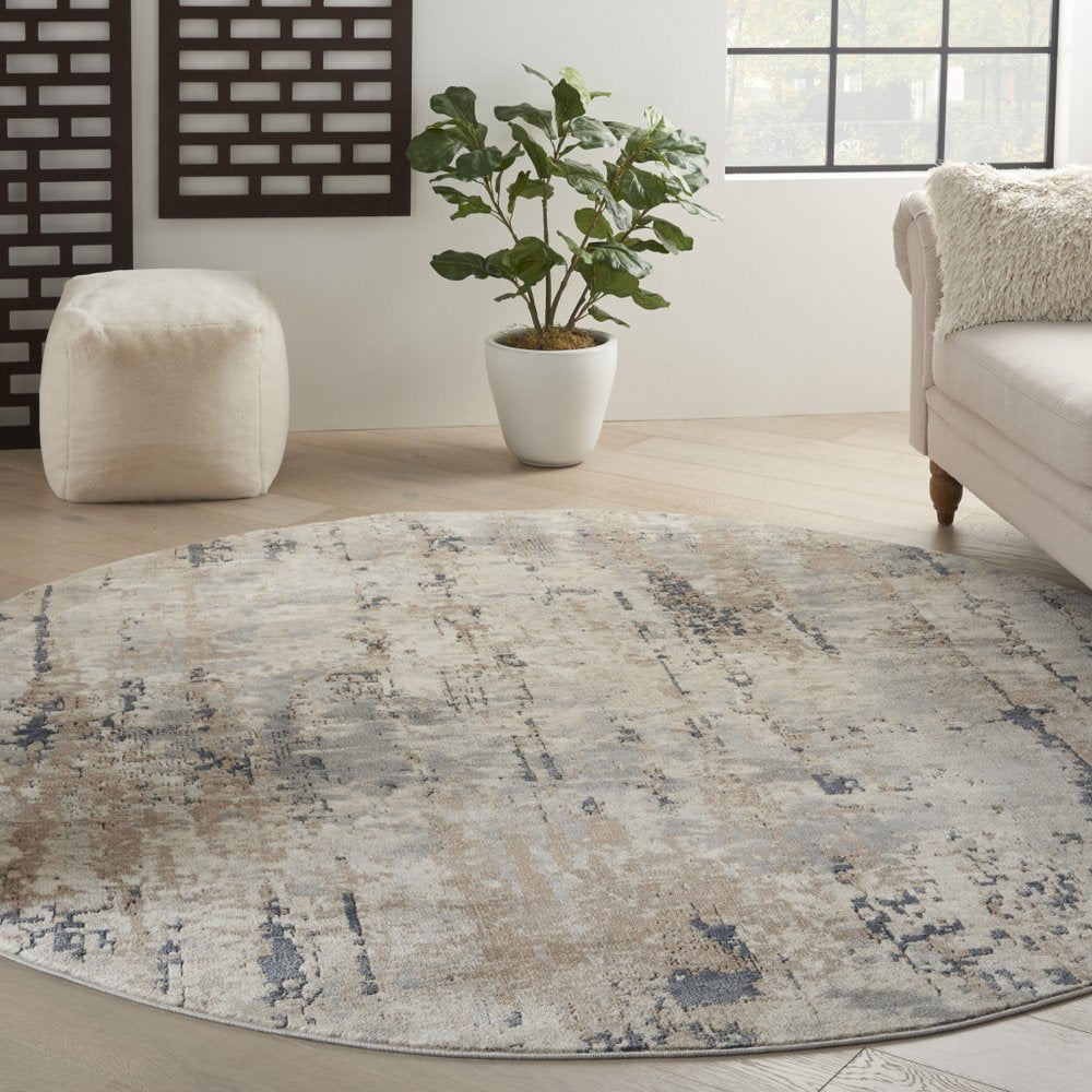 8' Beige And Ivory Abstract Distressed Round Rug