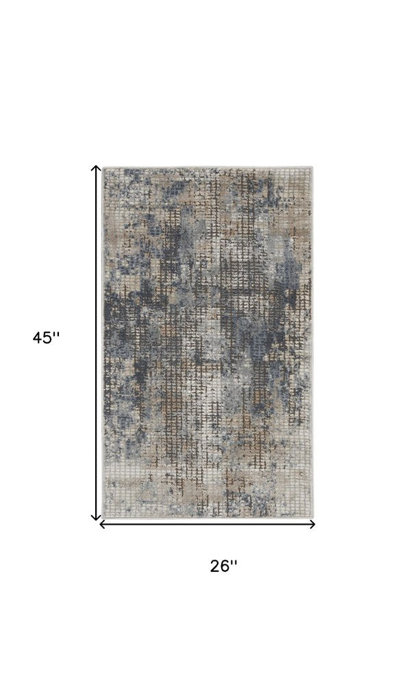 2' X 4' Blue And Beige Abstract Power Loom Distressed Non Skid Area Rug