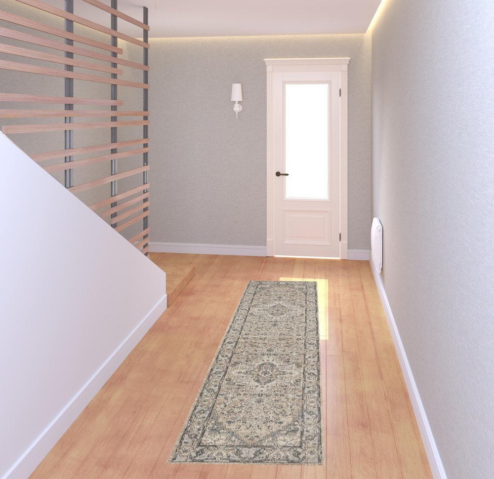 2' X 8' Beige And Grey Oriental Power Loom Non Skid Runner Rug