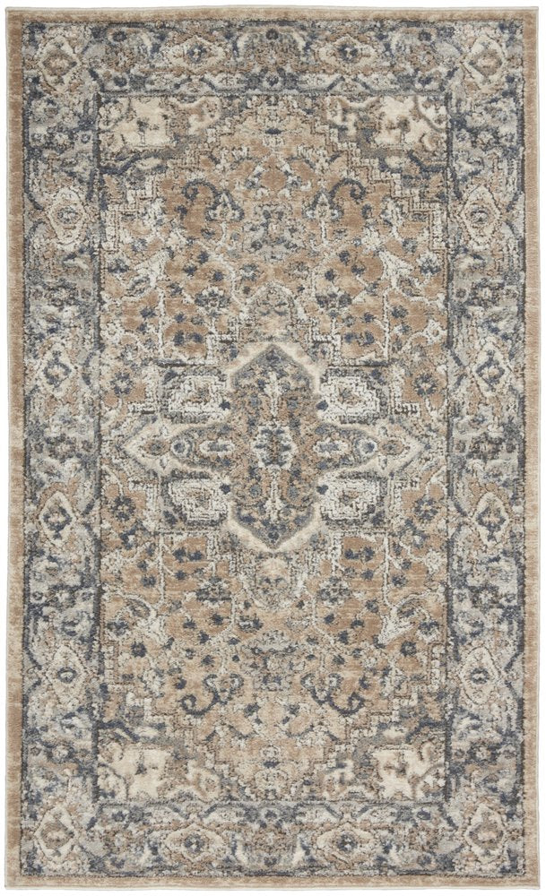 3' X 5' Beige And Grey Oriental Power Loom Non Skid Area Rug