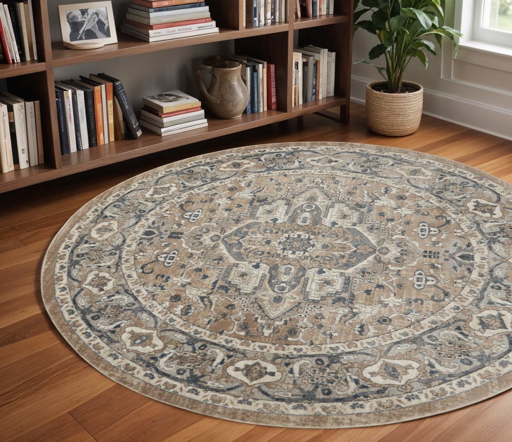 8' Beige And Ivory Oriental Distressed Round Rug