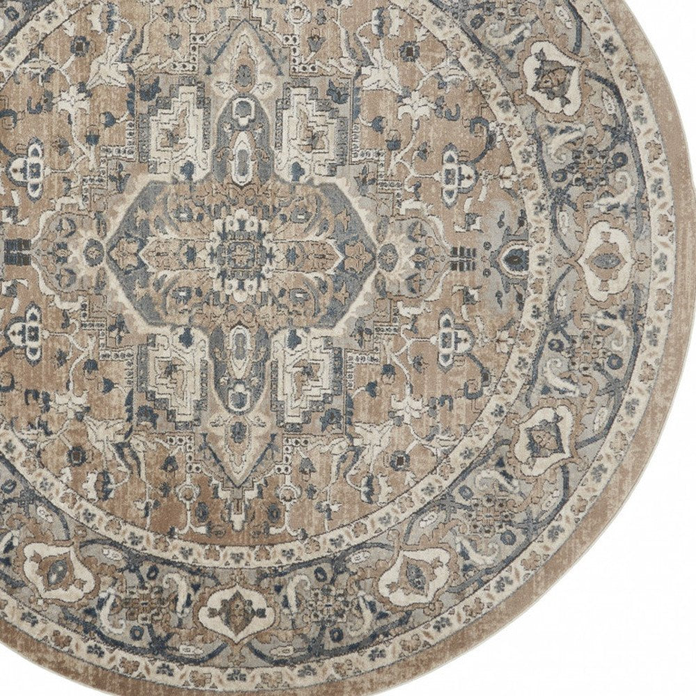 8' Beige And Ivory Oriental Distressed Round Rug