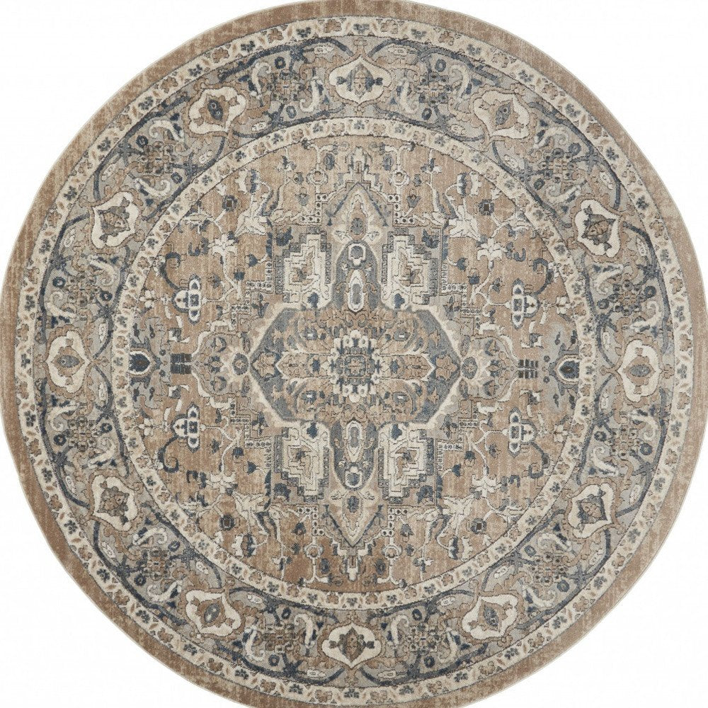 8' Beige And Ivory Oriental Distressed Round Rug