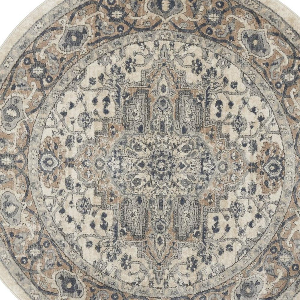 5' X 5' Ivory And Grey Round Oriental Non Skid Area Rug