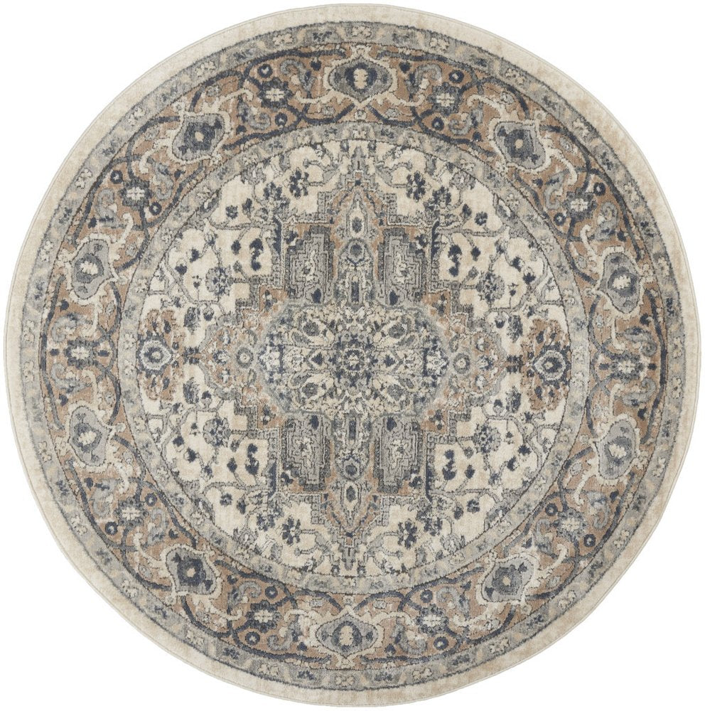 5' X 5' Ivory And Grey Round Oriental Non Skid Area Rug