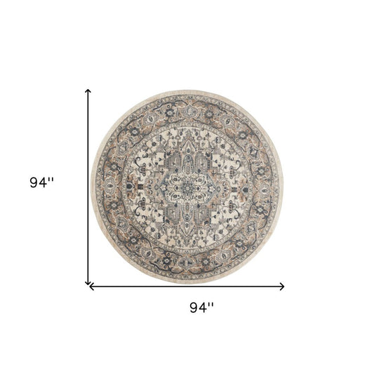 8' Ivory And Grey Round Oriental Power Loom Non Skid Area Rug