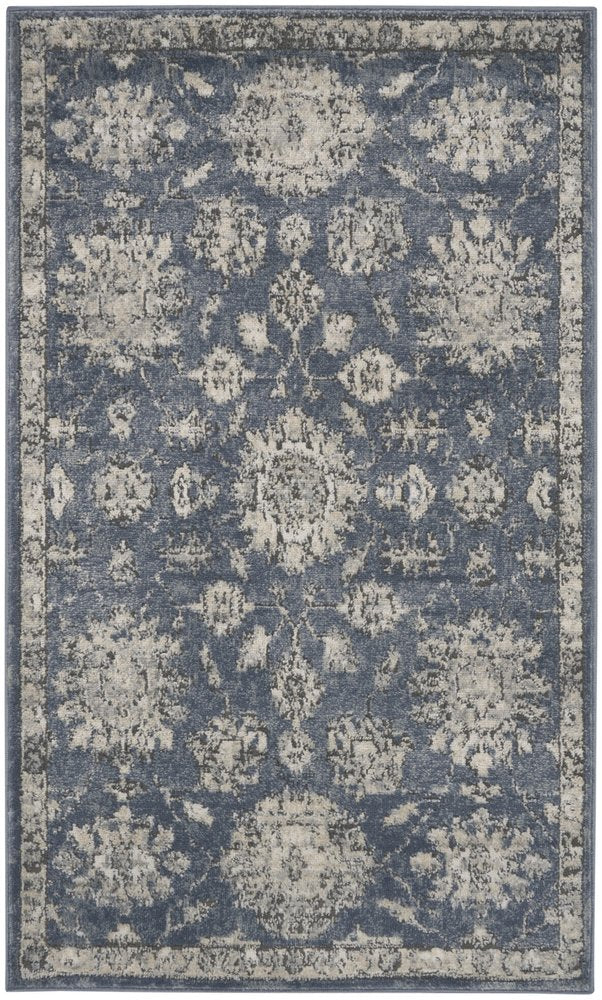 3' X 5' Blue And Beige Oriental Power Loom Non Skid Area Rug