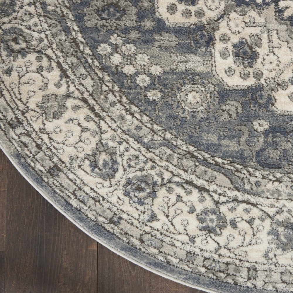5' Gray And Ivory Oriental Distressed Round Rug