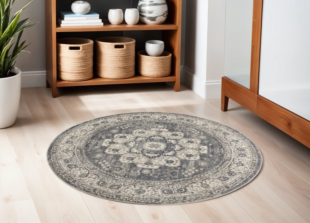 5' Gray And Ivory Oriental Distressed Round Rug