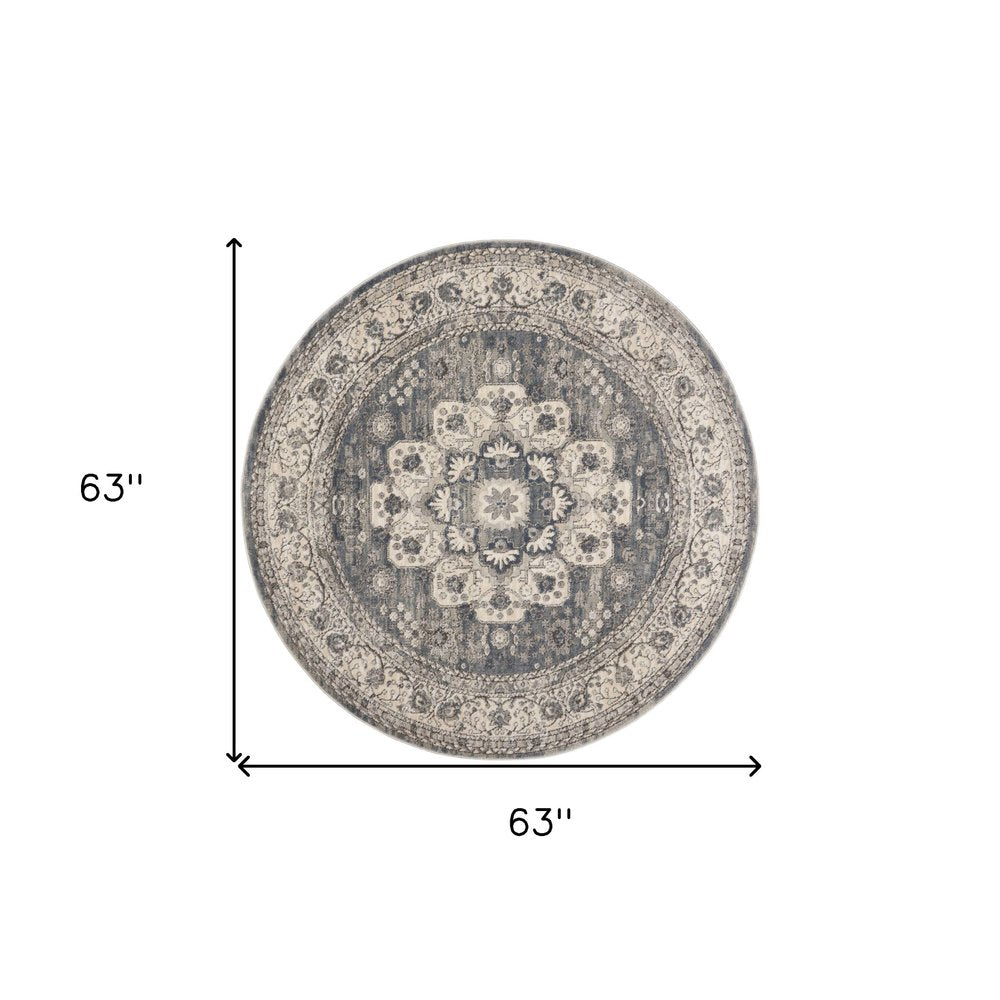 5' Gray And Ivory Oriental Distressed Round Rug