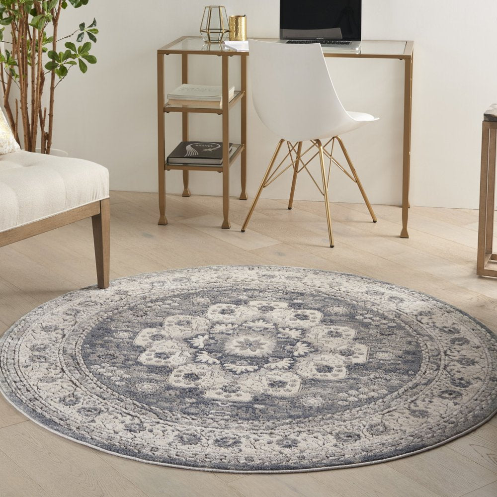 5' Gray And Ivory Oriental Distressed Round Rug