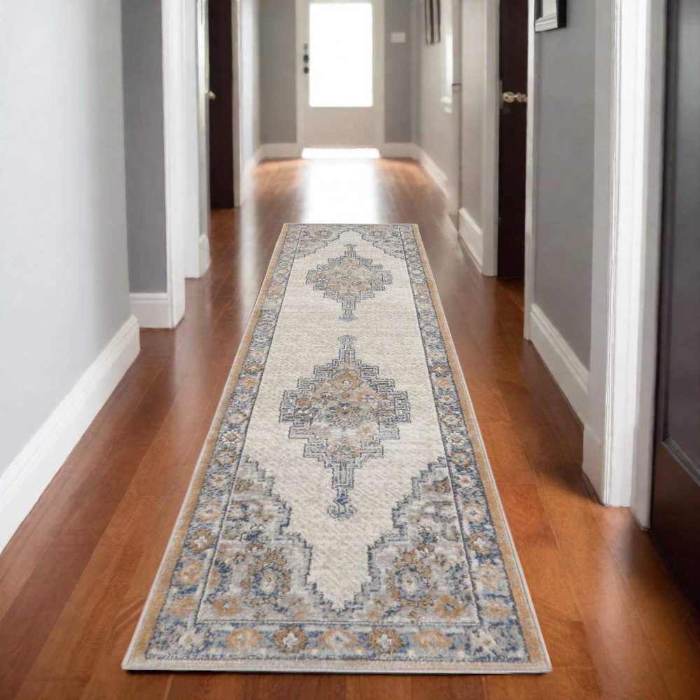 2' X 8' Grey And Light Blue Oriental Power Loom Non Skid Runner Rug