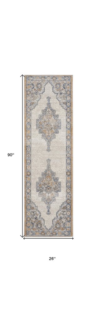 2' X 8' Grey And Light Blue Oriental Power Loom Non Skid Runner Rug