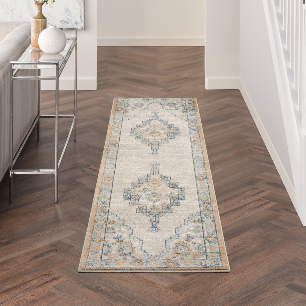 2' X 8' Grey And Light Blue Oriental Power Loom Non Skid Runner Rug