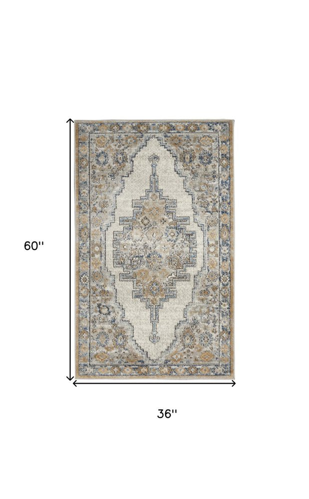 3' X 5' Grey And Light Blue Oriental Power Loom Non Skid Area Rug