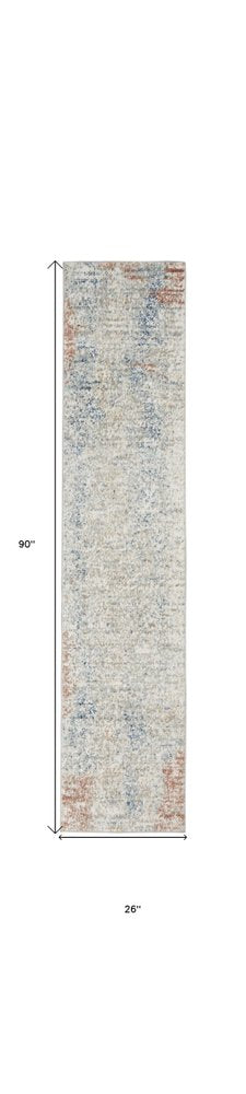 2' X 8' Ivory Abstract Power Loom Distressed Non Skid Runner Rug