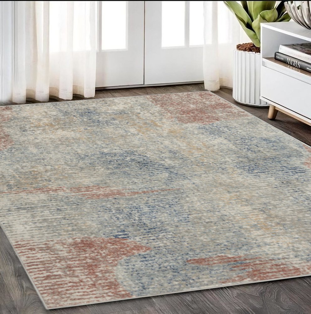 5' X 7' Ivory Abstract Power Loom Distressed Non Skid Area Rug