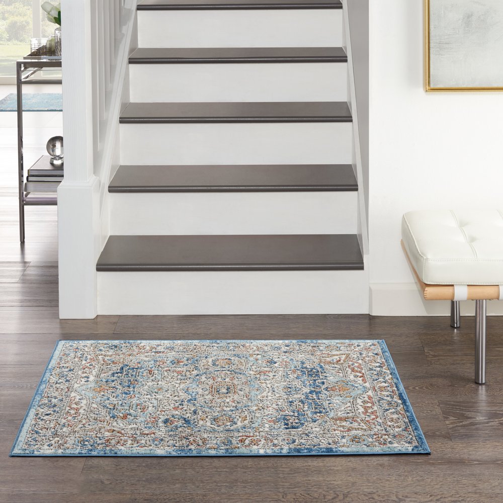 2' X 4' Ivory And Blue Oriental Power Loom Non Skid Area Rug
