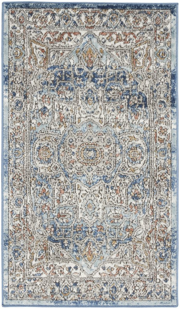 2' X 4' Ivory And Blue Oriental Power Loom Non Skid Area Rug