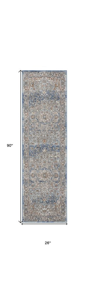2' X 8' Ivory And Blue Oriental Power Loom Non Skid Runner Rug