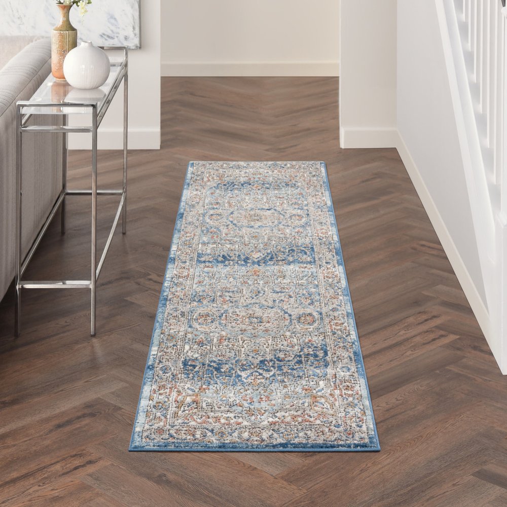 2' X 8' Ivory And Blue Oriental Power Loom Non Skid Runner Rug