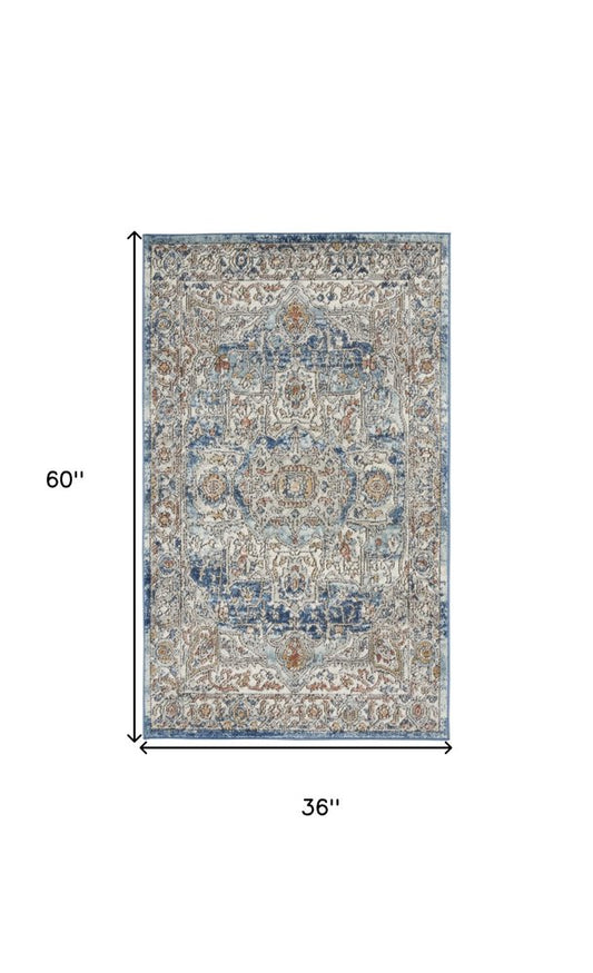 3' X 5' Ivory And Blue Oriental Power Loom Non Skid Area Rug