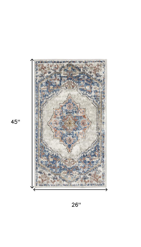 2' X 4' Blue And Grey Oriental Power Loom Non Skid Area Rug