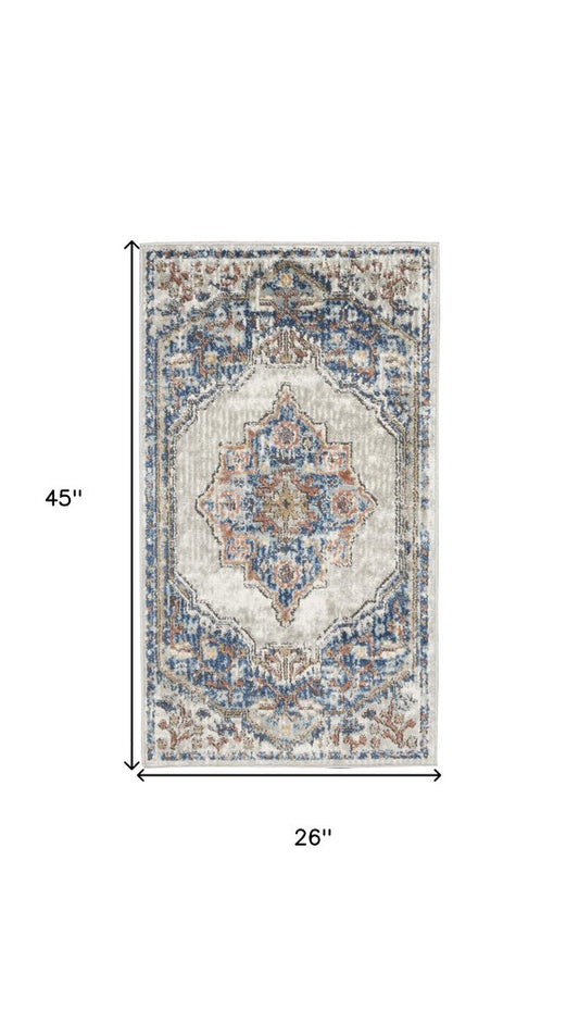 2' X 4' Blue And Grey Oriental Power Loom Non Skid Area Rug