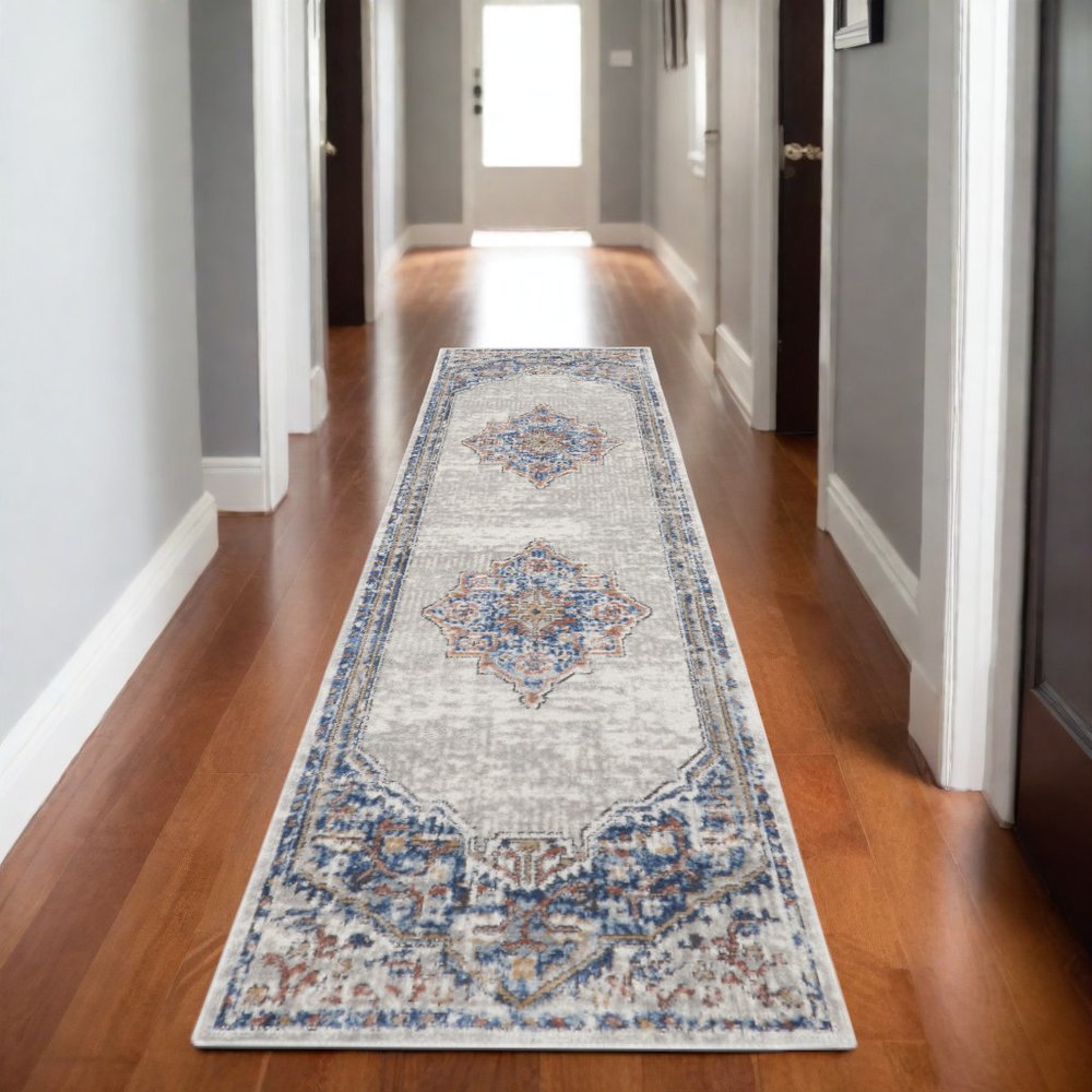 2' X 8' Blue And Grey Oriental Power Loom Non Skid Runner Rug