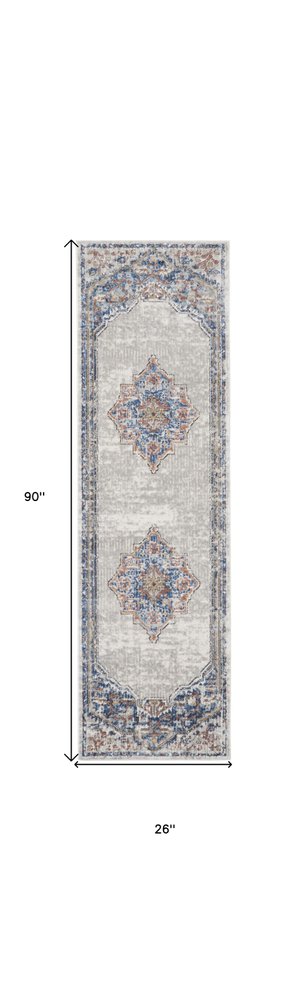 2' X 8' Blue And Grey Oriental Power Loom Non Skid Runner Rug