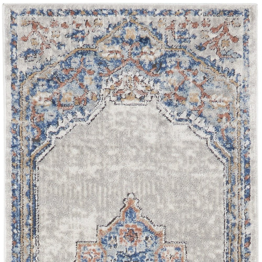 2' X 8' Blue And Grey Oriental Power Loom Non Skid Runner Rug